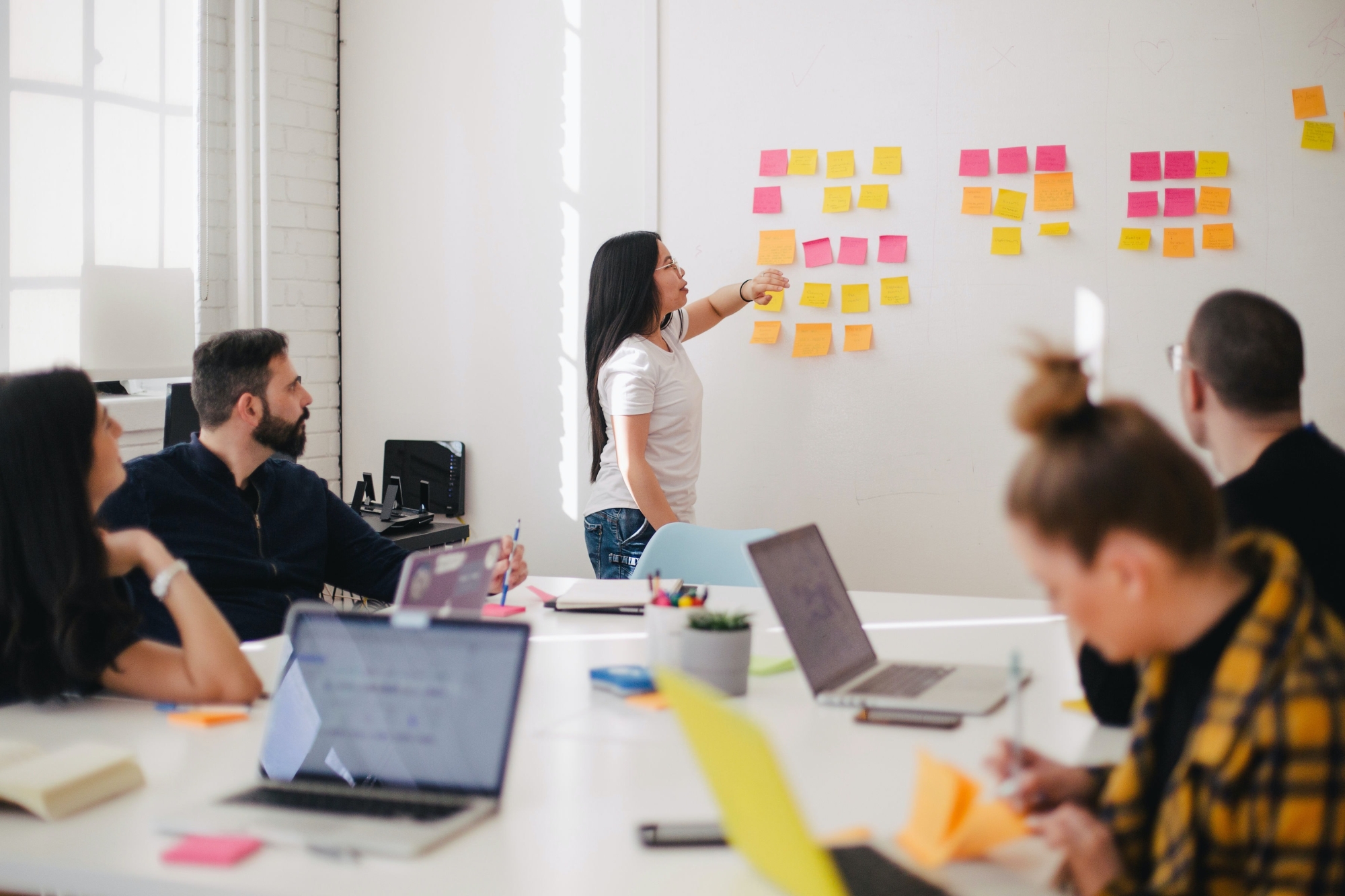 Men and women gathered around a table. Woman placing sticky notes on wall.
