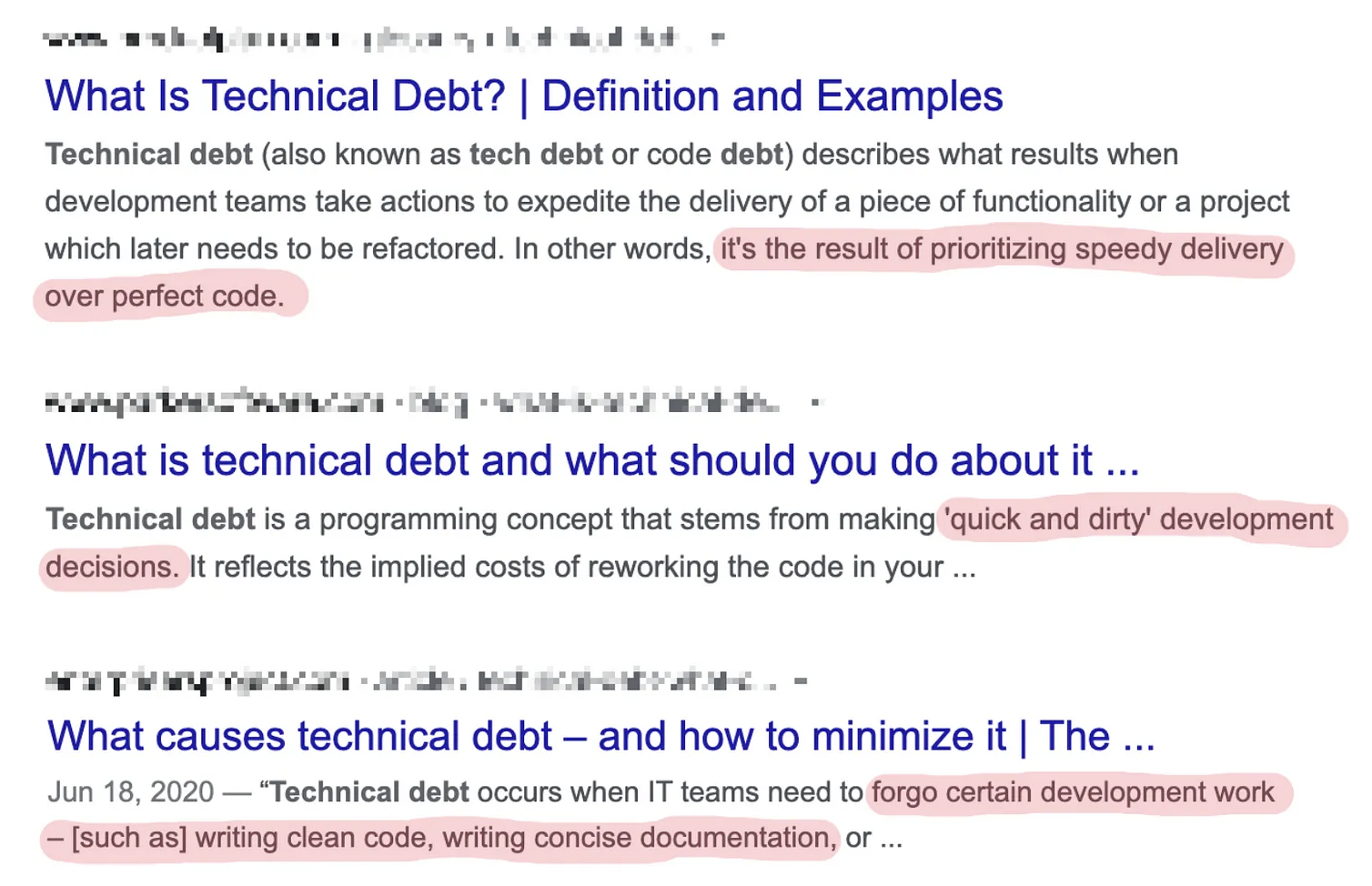 Screenshot with a few google results of the search for Technical Debt