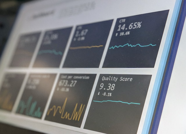 Computer screen with a dashboard of metrics